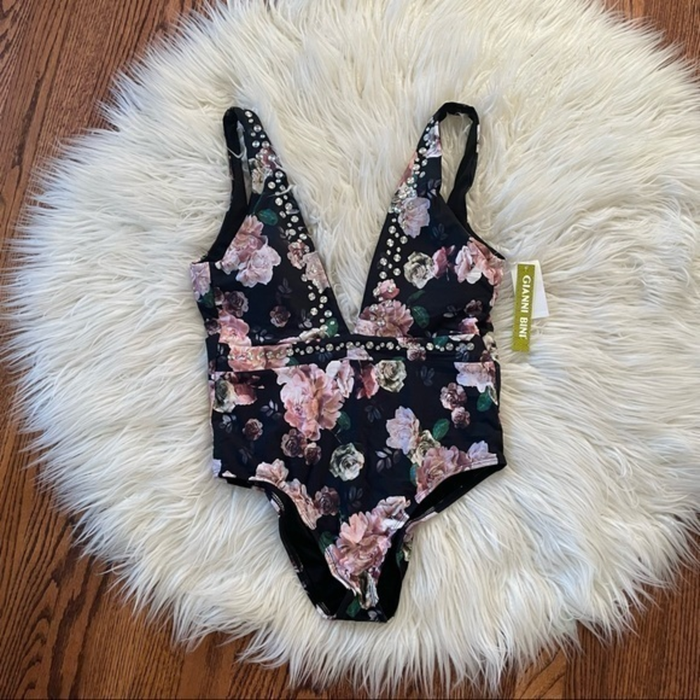 Gianni Bini plunge black floral embellished one piece swimsuit size Large NWT